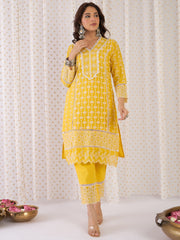 Mustard Embroidered Straight Kurta Trousers With Dupatta Set