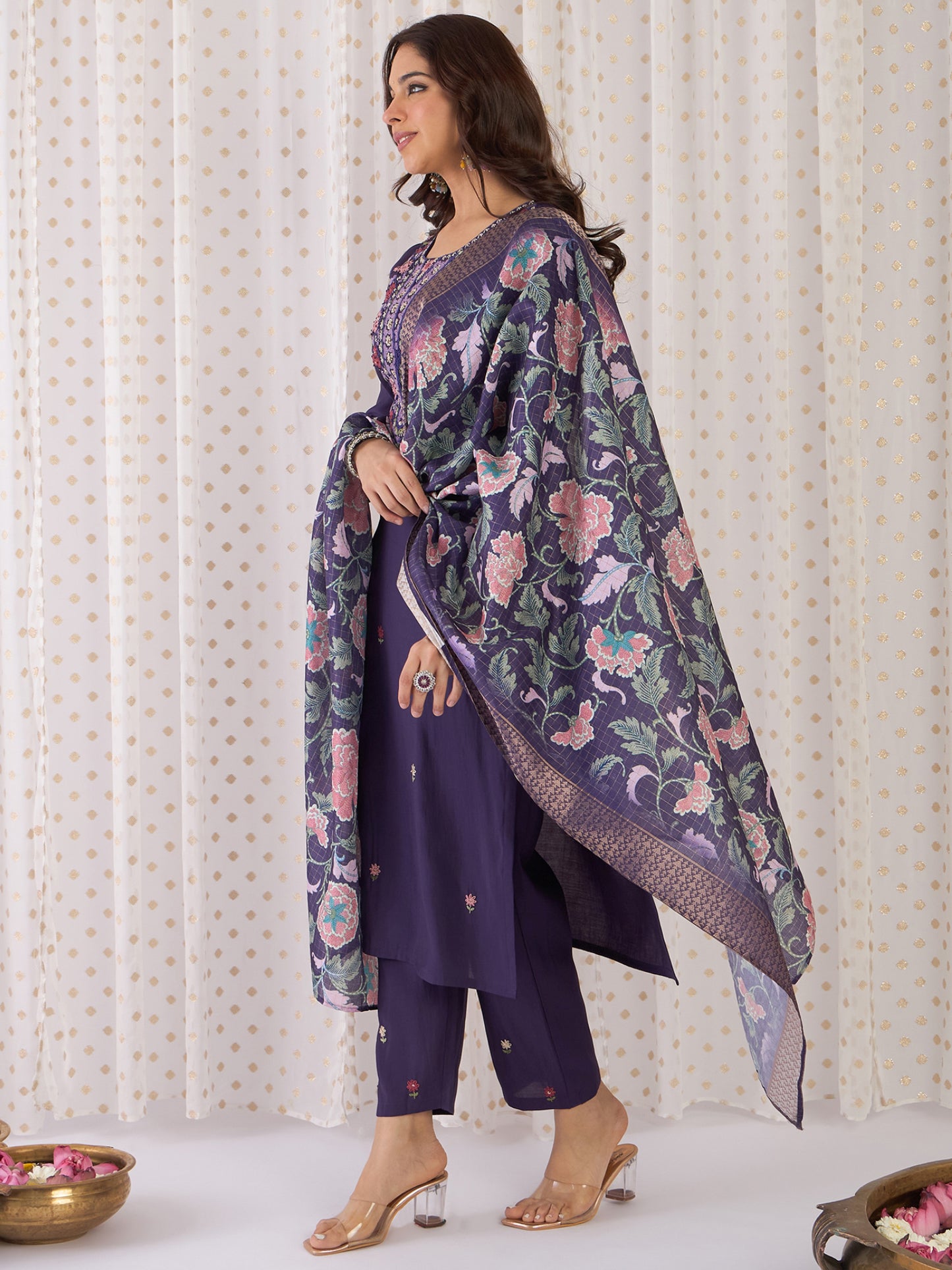 Purple Embroidered Straight Kurta Trousers With Dupatta Set