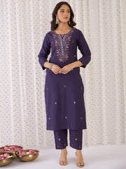 Purple Embroidered Straight Kurta Trousers With Dupatta Set