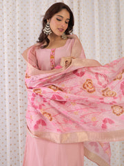 Peach Embroidered Straight Kurta Trousers With Dupatta Set