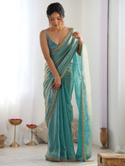 Women's Paper Silk Light Blue Embellished Designer Saree With Blouse Piece