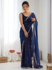 Women's Paper Silk Light Blue Embellished Designer Saree With Blouse Piece