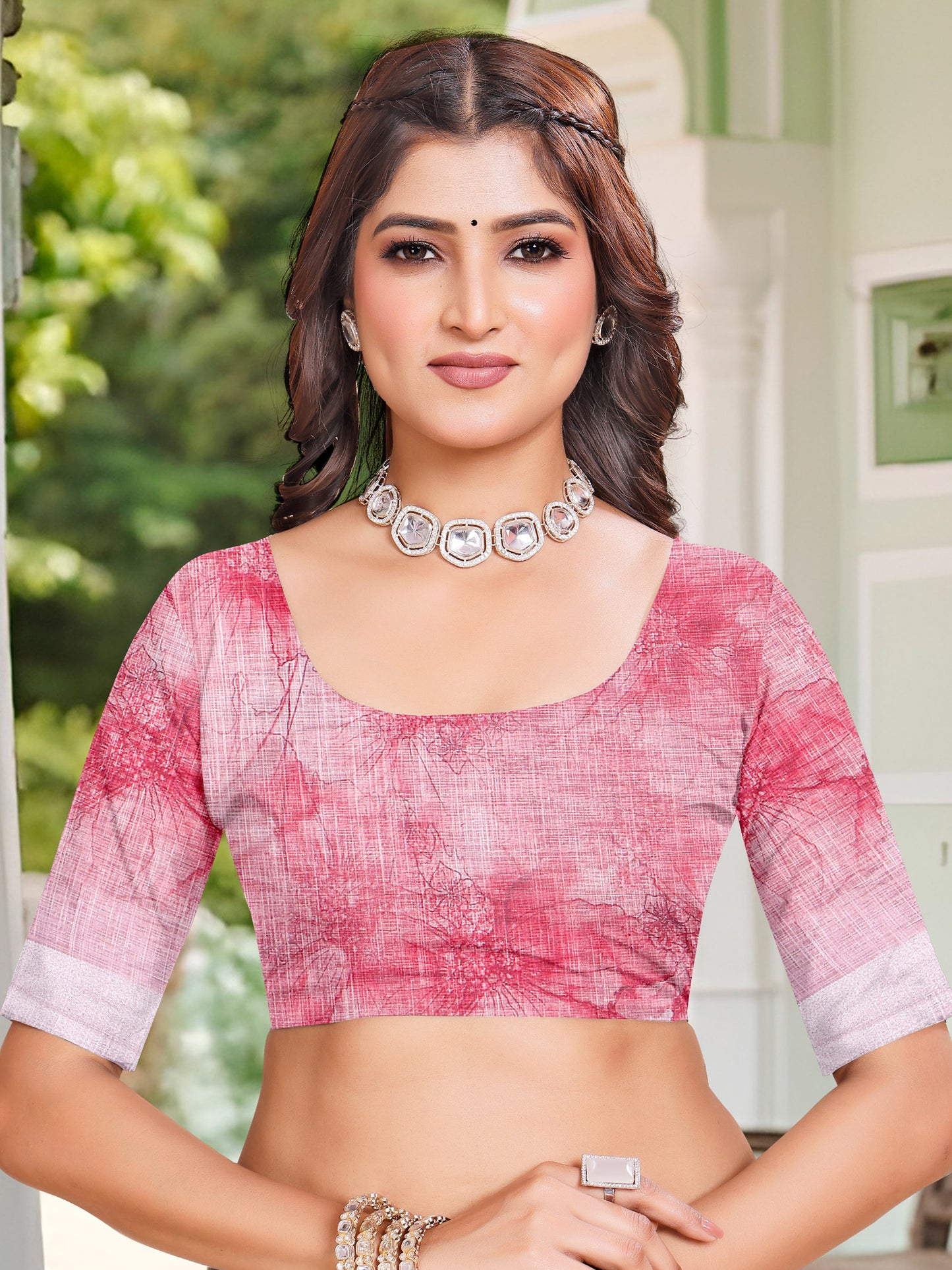 Women's Cotton Linen Pink Digital Print Designer Saree With Blouse Piece