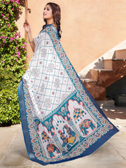 Women's Cotton Linen White Digital Print Designer Saree With Blouse Piece