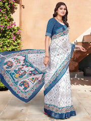 Women's Cotton Linen White Digital Print Designer Saree With Blouse Piece