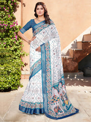 Women's Cotton Linen White Digital Print Designer Saree With Blouse Piece