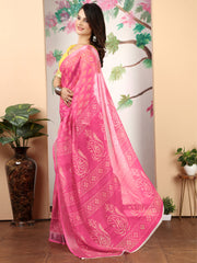 ساري نسائي وردي مطبوع من القطن والكتان بتصميم أنيق مع قطعة بلوزة