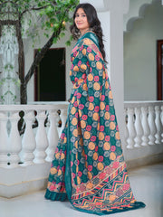 Women's Cotton Linen Teal blue Digital Print Designer Saree With Blouse Piece