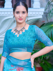 Women's Cotton Linen Light Blue Digital Print Designer Saree With Blouse Piece