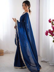 Women's Satin Teal blue Embellished Designer Saree With Blouse Piece