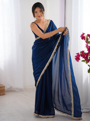 Women's Satin Teal blue Embellished Designer Saree With Blouse Piece