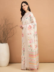 Women's Silk Cotton Off White Printed Designer Saree With Blouse Piece