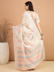 Women's Silk Cotton Off White Printed Designer Saree With Blouse Piece