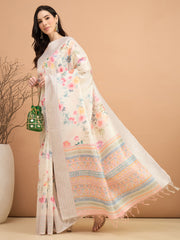Women's Silk Cotton Off White Printed Designer Saree With Blouse Piece
