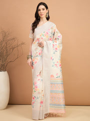 Women's Silk Cotton Off White Printed Designer Saree With Blouse Piece