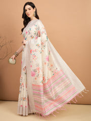 Women's Silk Cotton Off White Printed Designer Saree With Blouse Piece