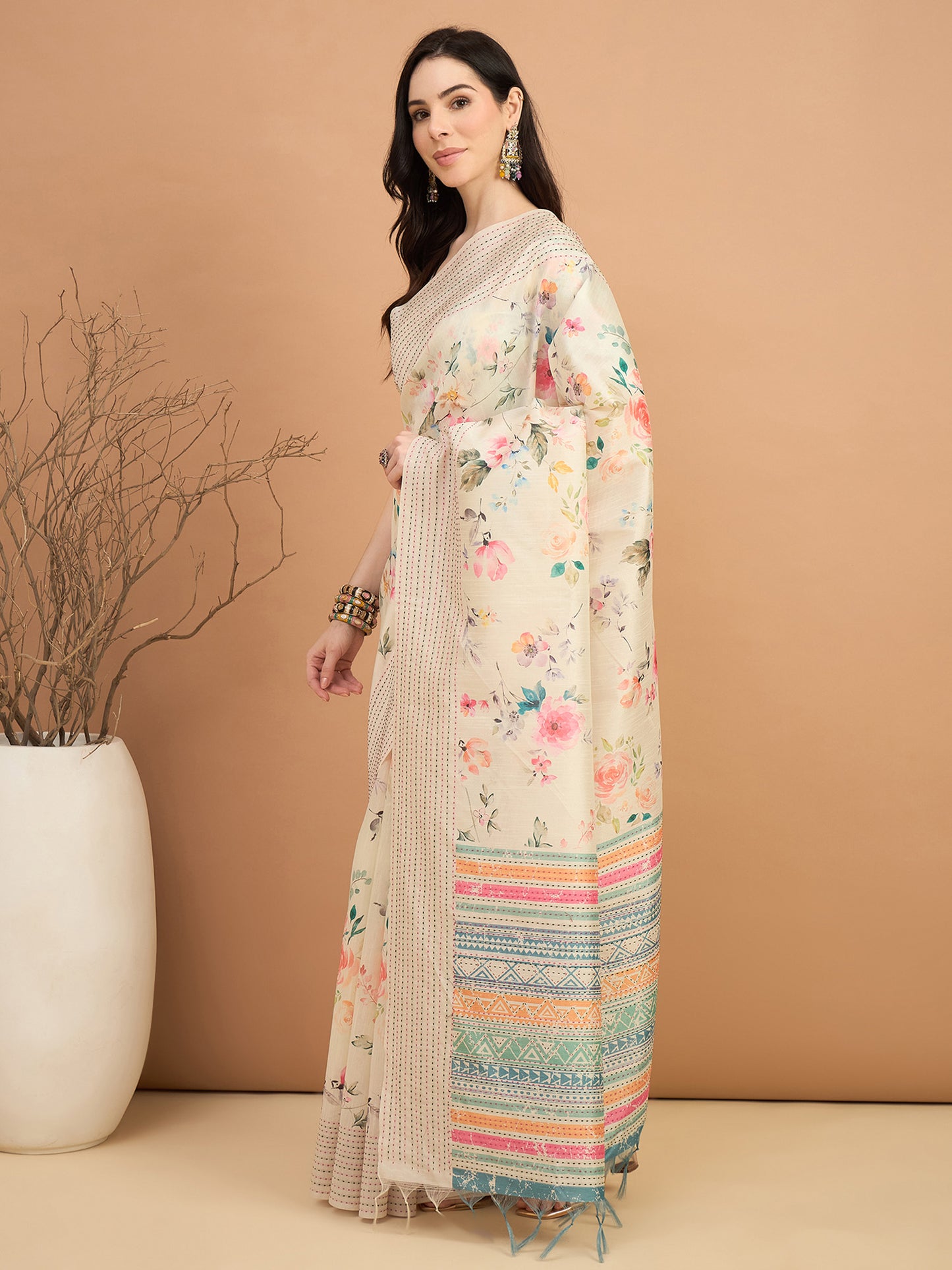 Women's Silk Cotton Off White Printed Designer Saree With Blouse Piece