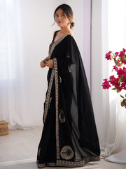 Women's Vichitra Silk Black Embellished Designer Saree With Blouse Piece