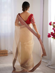 Women's Organza Cream Embellished Designer Saree With Blouse Piece