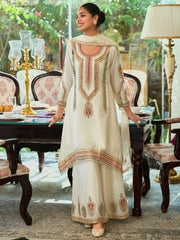 White Embroidered A-Line Kurta Palazzos With Dupatta Set