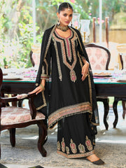 Indo Era - Black Embroidered A-Line Kurta Palazzos With Dupatta Set