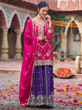 Pink Embroidered Straight Kurta Palazzos With Dupatta Set