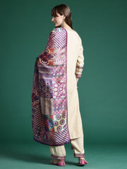 Beige Embroidered Straight Kurta Trousers With Dupatta Set