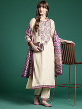 Beige Embroidered Straight Kurta Trousers With Dupatta Set