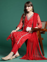 Red Embroidered Straight Kurta Trousers With Dupatta Set