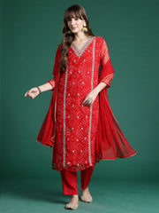 Red Embroidered Straight Kurta Trousers With Dupatta Set