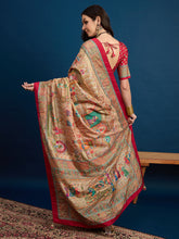 ساري نسائي من الحرير البيج بتصميم دولا، منسوج، مع قطعة بلوزة