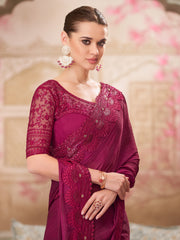 Women's Satin Silk Pink Embellished Designer Saree With Blouse Piece