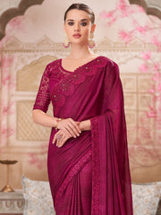 Women's Satin Silk Pink Embellished Designer Saree With Blouse Piece