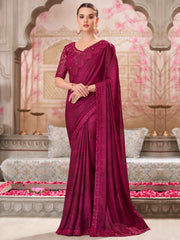 Women's Satin Silk Pink Embellished Designer Saree With Blouse Piece