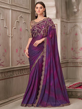 Naari - Women's Pure Georgette Purple Embellished Designer Saree With Blouse Piece