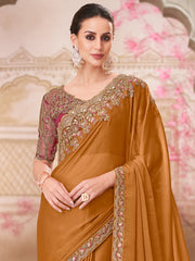Women's Pure Chiffon Mustard Embellished Designer Saree With Blouse Piece