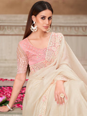 Naari - Women's Satin Silk Off White Embellished Designer Saree With Blouse Piece