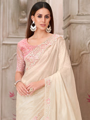 Naari - Women's Satin Silk Off White Embellished Designer Saree With Blouse Piece