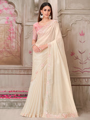 Naari - Women's Satin Silk Off White Embellished Designer Saree With Blouse Piece