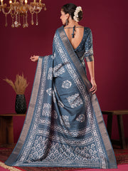 Women's Silk Blend Blue Printed Designer Saree With Blouse Piece