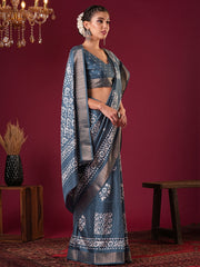 Women's Silk Blend Blue Printed Designer Saree With Blouse Piece