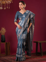 Women's Silk Blend Blue Printed Designer Saree With Blouse Piece
