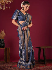 Women's Silk Blend Teal blue Printed Designer Saree With Blouse Piece