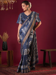 Women's Silk Blend Teal blue Printed Designer Saree With Blouse Piece
