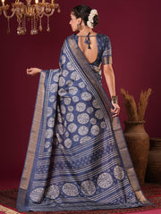 Women's Silk Blend Blue Printed Designer Saree With Blouse Piece