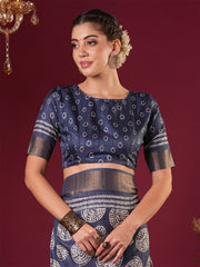 Women's Silk Blend Blue Printed Designer Saree With Blouse Piece