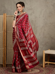 Women's Silk Blend Red Printed Designer Saree With Blouse Piece
