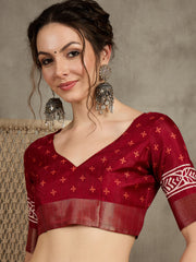 Women's Silk Blend Red Printed Designer Saree With Blouse Piece