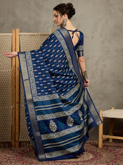 Women's Silk Blend Navy Blue Printed Designer Saree With Blouse Piece