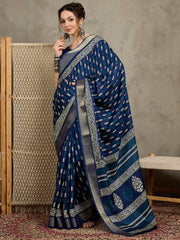 Women's Silk Blend Navy Blue Printed Designer Saree With Blouse Piece